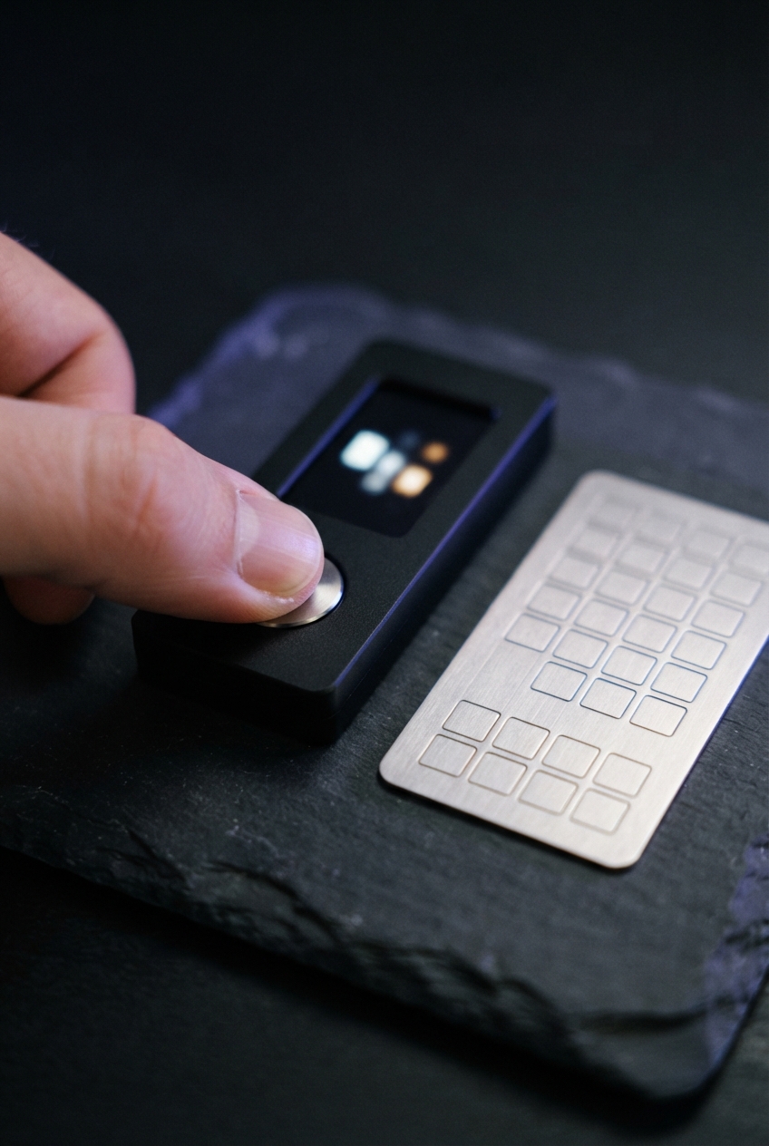 Finger pressing a round button on a black device beside a blank rectangular keypad on dark stone.