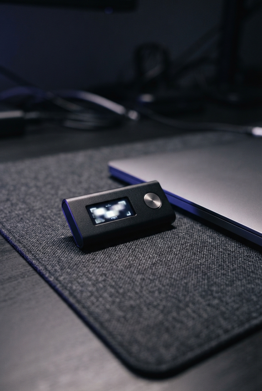 Black electronic control device with a blurred display and metallic knob beside a laptop on a textured desk mat.